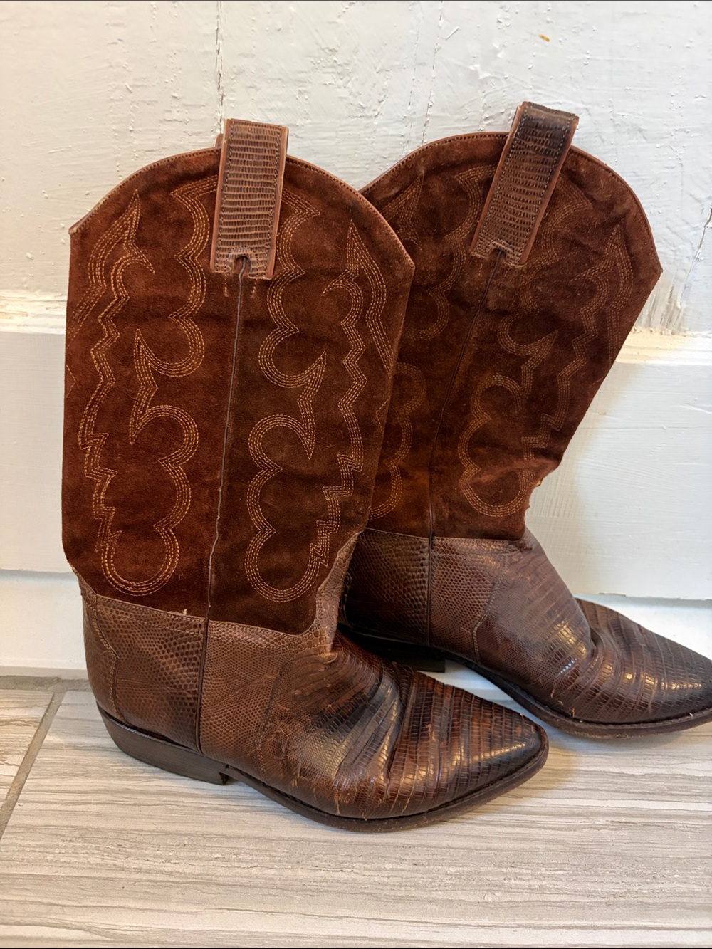 Vintage Sartore Brown Suede & Lizard Western Heeled Boots